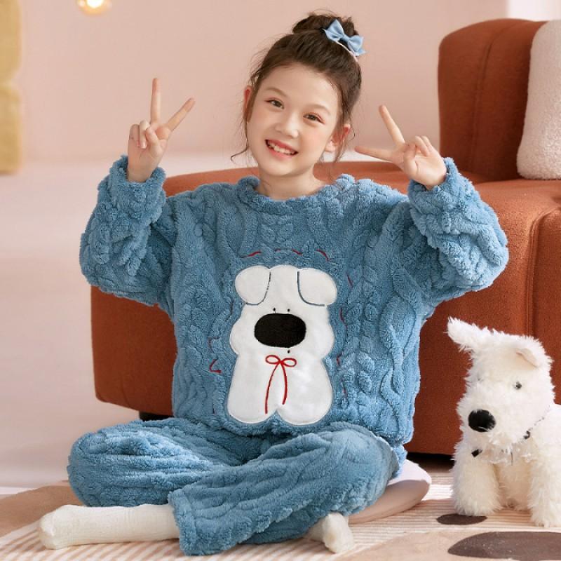Girls Winter Coral Fleece Pajama Set Thick Warm Sleepwear Ages 8 Cartoon Animal Print Home Outfit