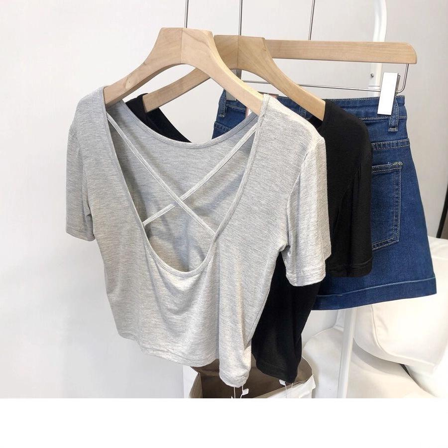 2025 Summer Korean Slim Fit Cross Back Short Sleeve T-shirt for Women