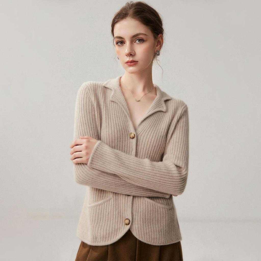 Women's Cashmere Lapel Cardigan - Soft, Versatile, Buttoned, Long Sleeve Jacket for Autumn/Winter