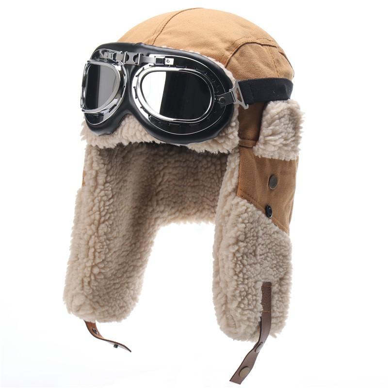 Unisex Windproof Winter Hat With Goggles Cover Warm Fleece-Lined Canvas Cap Skiing Hiking Outdoor Activities