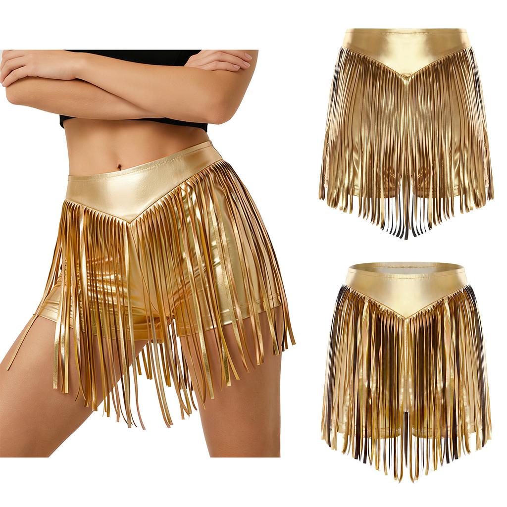 S-XXL Women's Fringed Booty Shorts: High Waist Iridescent Metallic Hot Pants with Tassel for Jazz Rock Dance Performance