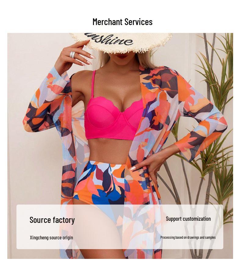 Women's European & American Mesh Gathered Bikini: Sexy Printed 3-Piece Swimsuit Set.