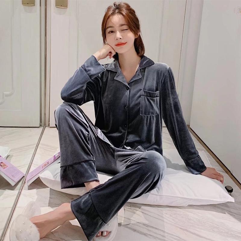 Set de pijamale calde de toamnă iarnă pentru femei Lenjerie de dormit din catifea aurie Costum de pijama pentru surori Soild Costum de trening gros
