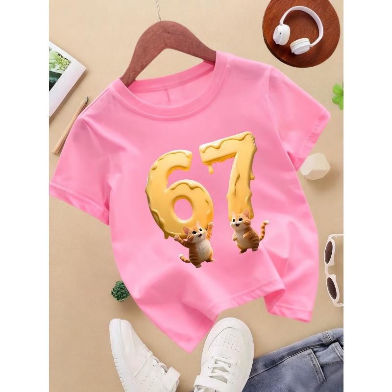 European Sizes 1pc, Summer Casual Girls' Round Neck Short Sleeve T-Shirt, Soft Skin-Friendly Fashion Versatile