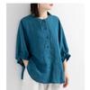 Womens Teal Linen Blouse Casual Round Neck Lantern Sleeve Button Up Solid Color Top