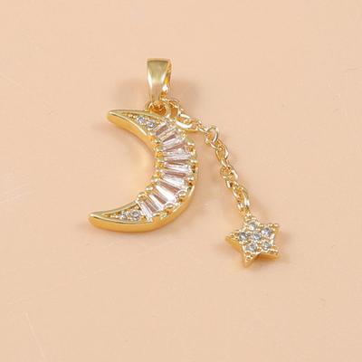 Elegant Star and Moon Crescent Pendant with Square Cut and Small Diamonds On Clavicle Chain