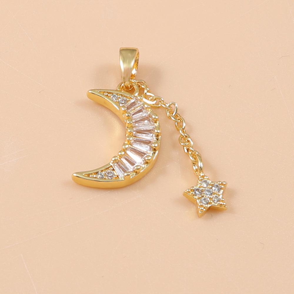 Elegant Star and Moon Crescent Pendant with Square Cut and Small Diamonds on Clavicle Chain