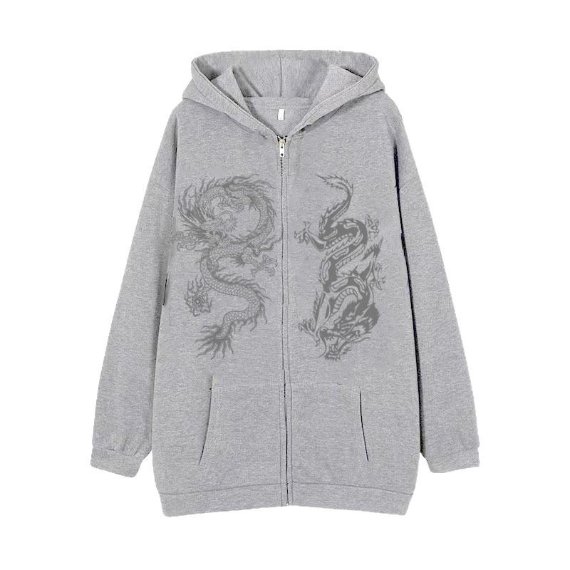 Women's Dragon Print Zipper Hoodie, 2025 European & American Trendy Loose Fleece Jacket