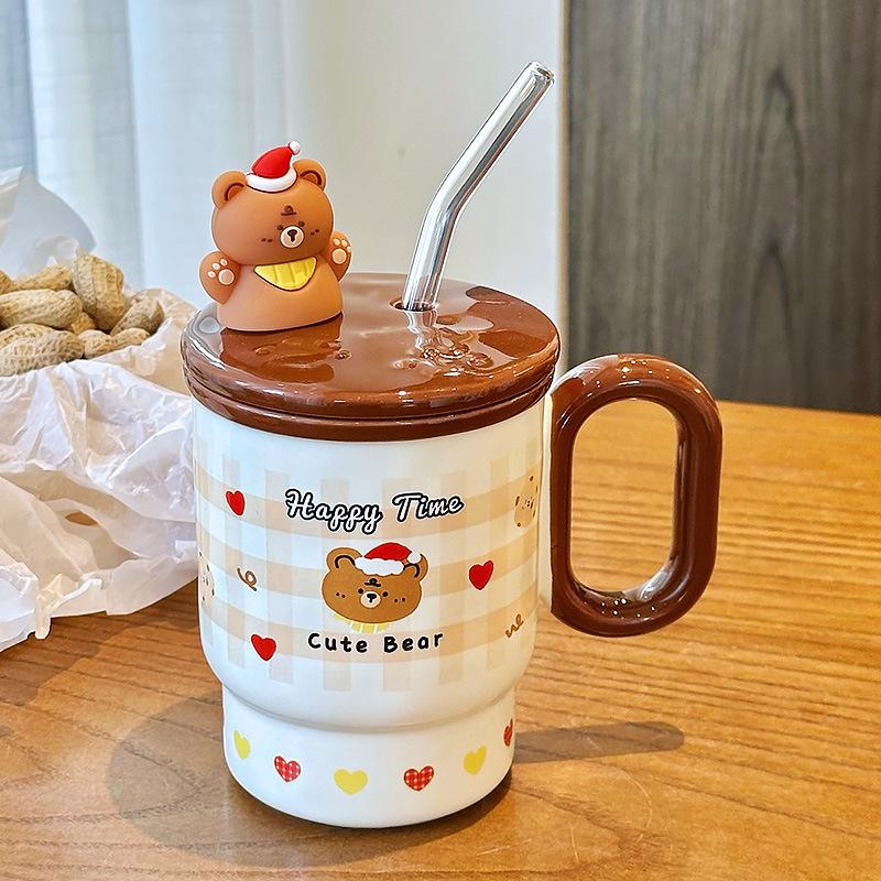 Cute Straw Cup for Drinking Water for Household Ceramic Mug with Lid Water Cup for Girls with High Appearance Office Coffee Cup