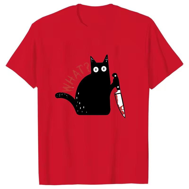 Black Cat with a Knife Rinted Tshirts Unisex Women Unisex Casual Loose Round Neck Creative Personalized Tshirts WHAT Pattern Top