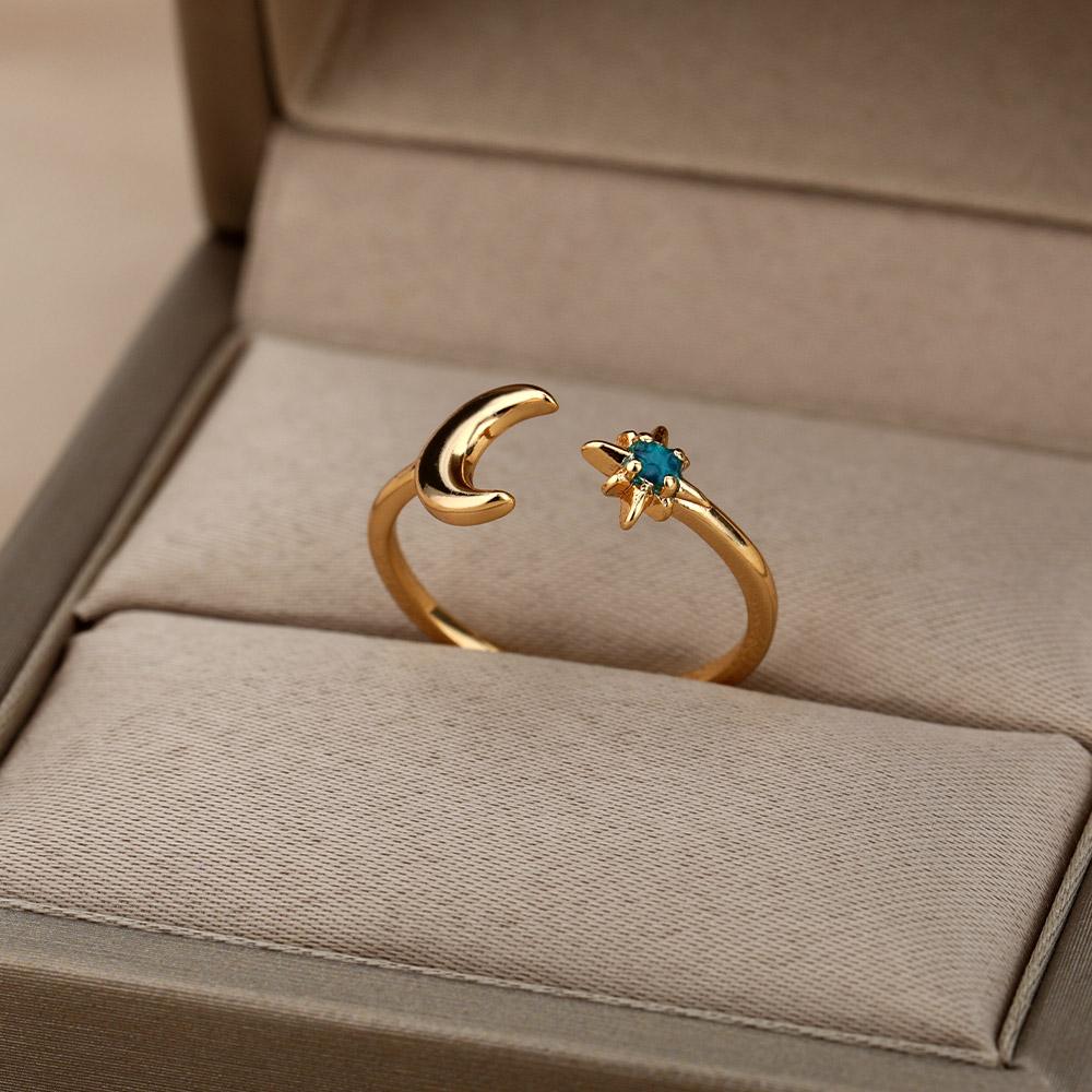Simple And Luxurious Moon Opening Ring, Octagonal Star Shaped Women'S Ring, Personalized Star And Moon Ring, Fashionable And Elegant Accessory.