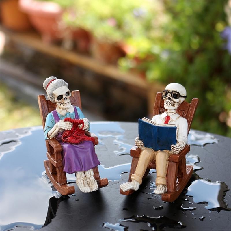 2 Piece Gothic Skeleton Couple Sitting In Rocking Chair With Book Figurine Sculpture Horror Home Decors Resins Ornaments