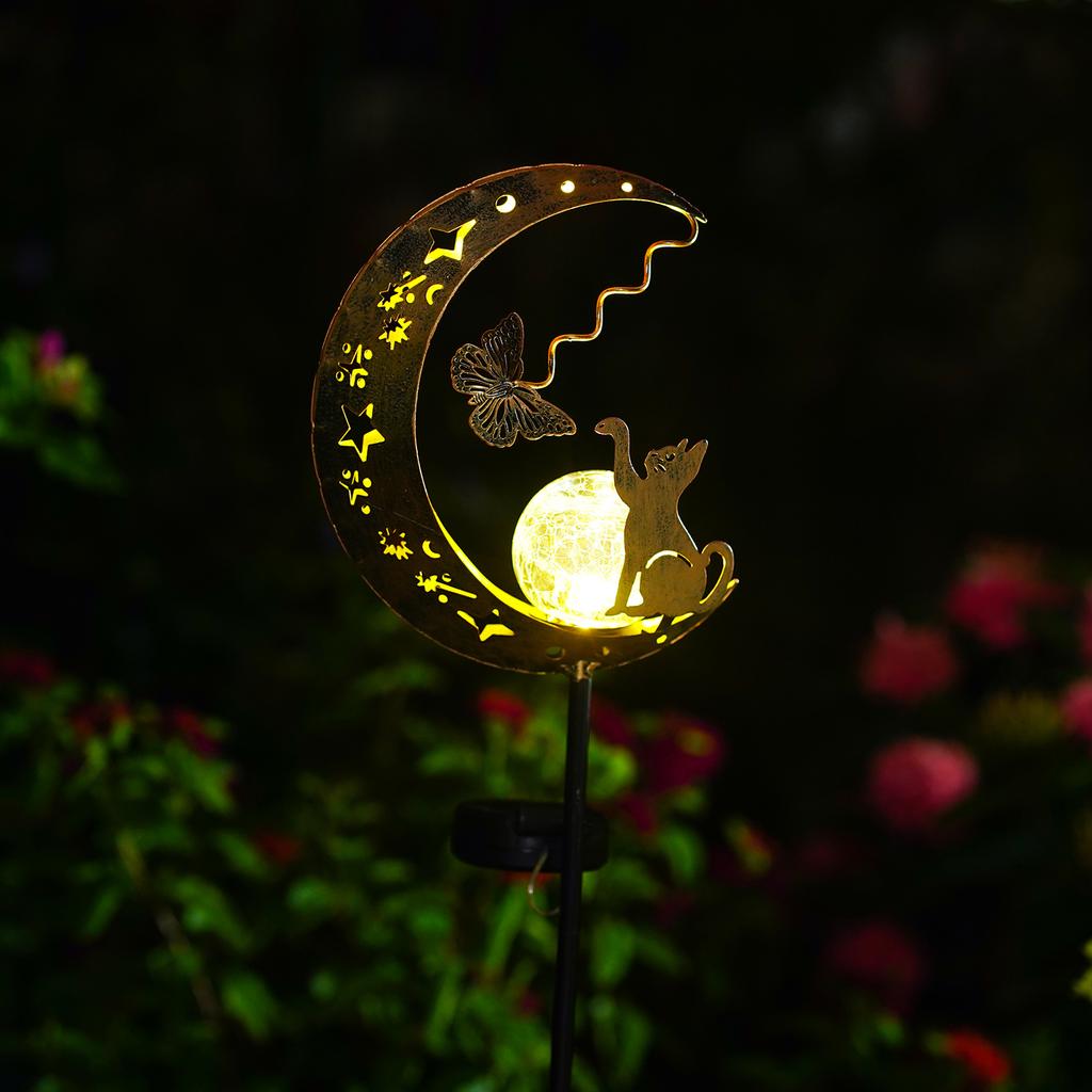 1pc Solar Lawn Light - Cat Paw & Butterfly Design with Moon & Stars, Outdoor Garden Decor Light, Iron Light for Yard, Party Gift