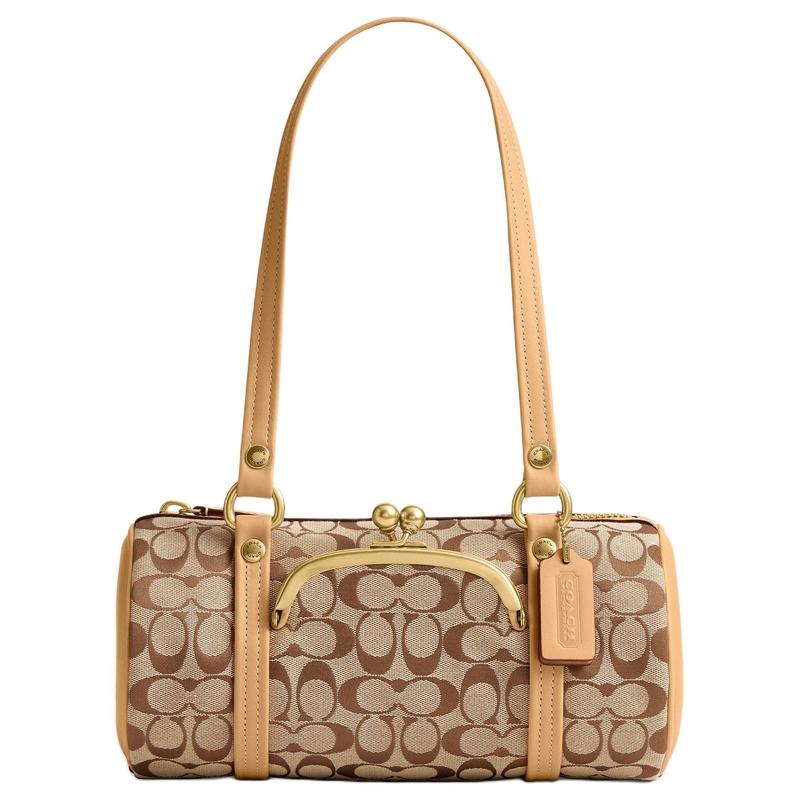 

COACH KisslockBarrel 28 Vintage Style Zipper Closure Textile and Calf Leather Shoulder Bag Large Women s Khaki коричневий