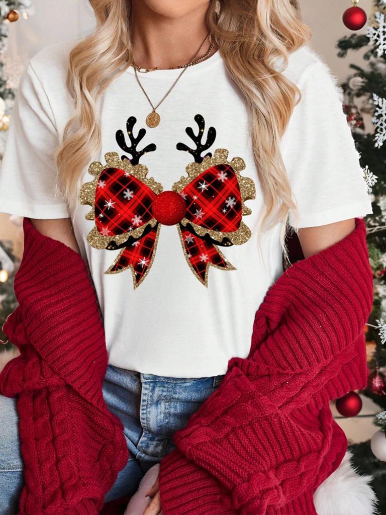 Camiseta con estampado de pajarita y asta de Halloween camiseta informal de talla grande accesorios para actividades navideñas