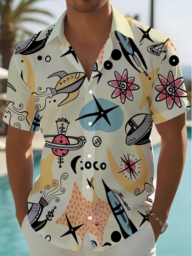 Lässiges Hemd mit Raketen- und UFO-Print für Herren, Kurzarm, Streetwear, Ein Must-Have für Aufsehen sorgen, Geeignet für Musikfestivals