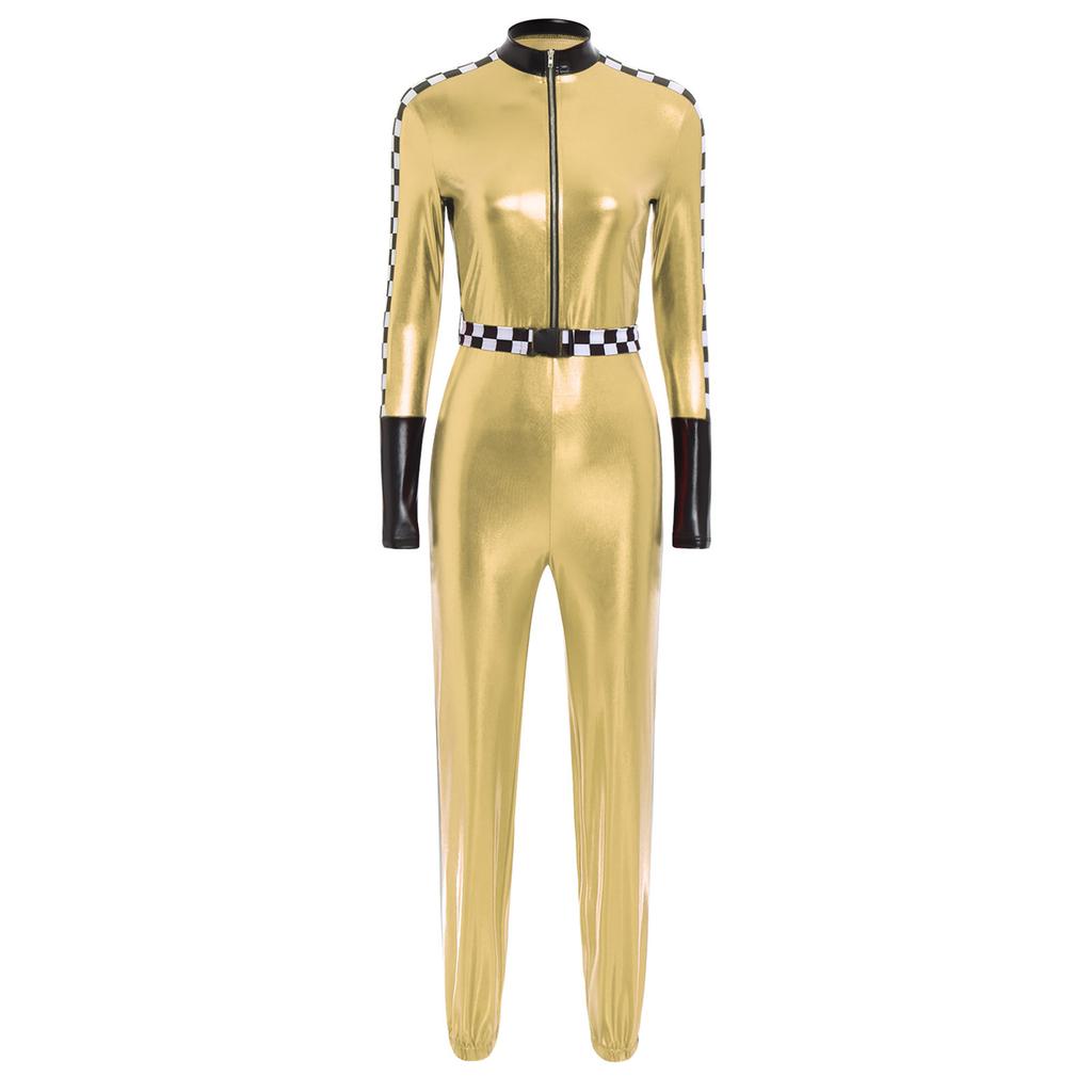 Dámský závodní overal Metalický lesklý šachovnicový patchwork Stojáček Přední zip S páskem Legíny Kostým