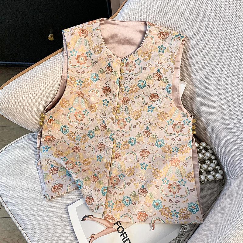 

Chinese-Inspired Jacquard Embroidered Satin Vest for Women L