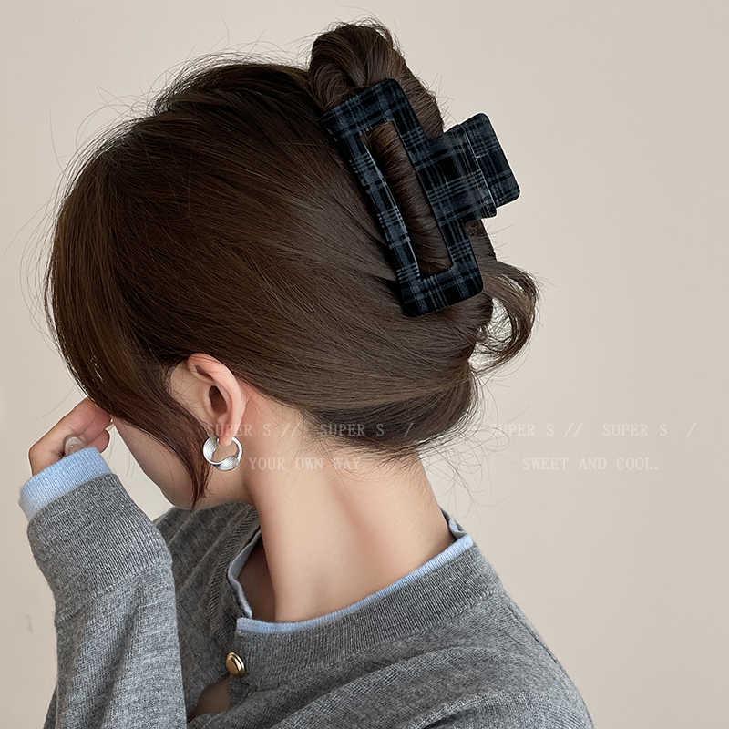 Autumn 2024 College-Style Plaid Flocking Hair Claw Clip for Women - High-End Shark Clip Accessory