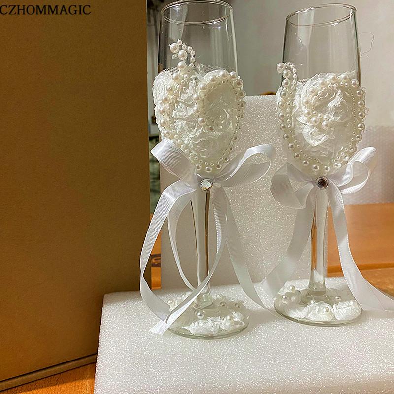 1 Pair Wedding Champagne Glasses Bride And Groom Champagne Flutes Premium Lace Decor Wine Goblet For Bar Pub Club Restaurant And Home Use Drinkware Fo