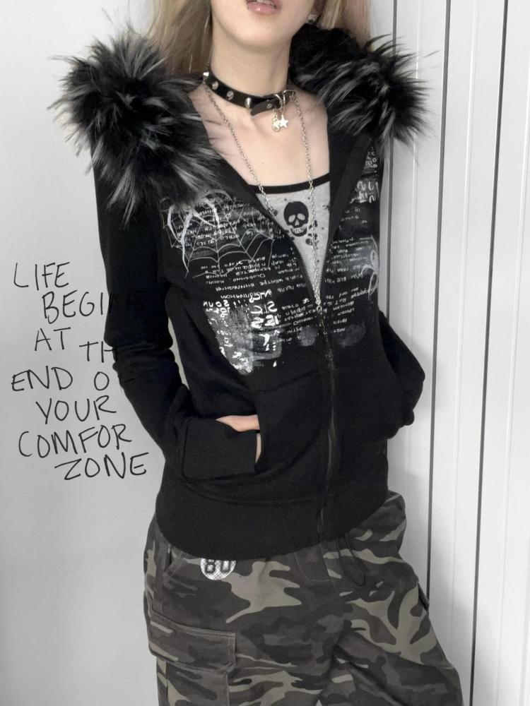 VAYLA Y2k Fur Patchwork Grunge Hoodies Women Streetwear Vintage Harajuku Gothic Print Hooded Sweatshirt Coat Aesthetic Slim Jacket