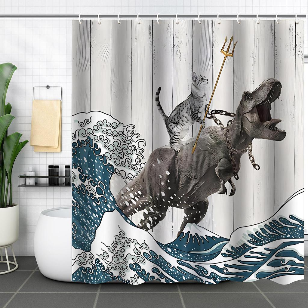Waterproof Curtain With Mildewproof Shower Sea Wave Dinosaur Whale And Cat Print