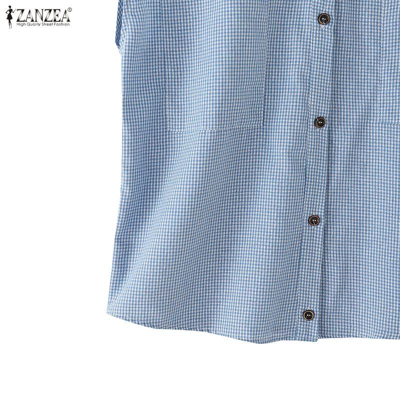 ZANZEA Women Casual Turn Down Collar Loose Short Sleeve Plaid Blouse