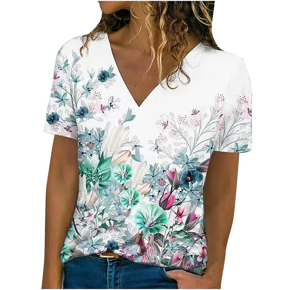 Summer V-neck 3D Floral Simple Graphic Printed Top Fashionable Casual Short Sleeved Women's T-shirts