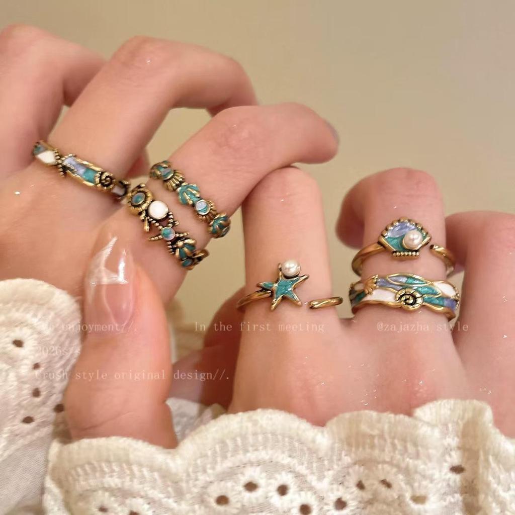 Retro Ocean Party Enamel Seashell & Pearl Starfish Ring for Women – Stackable Index Finger Jewelry