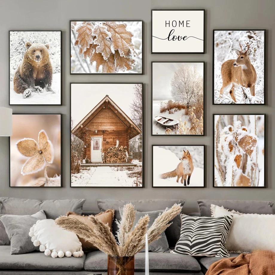 Snow Animals Leaves Forest Winter Nature Scenery Canvas Painting Wall Art Posters and Prints Living Room Bedroom Home Decor Gift