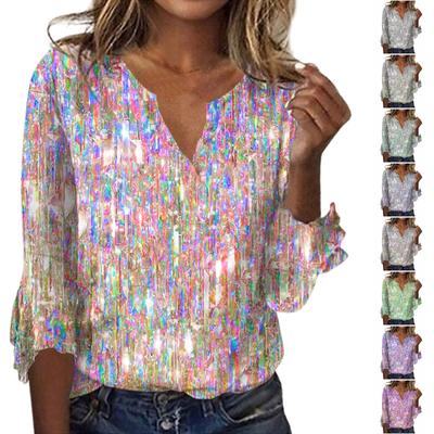 Women's Tops Loose Casual V-Neck Sequins Printed Flared Sleeve Seven Sleeve T-Shirt