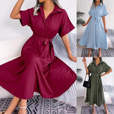 Polo Collar Solid Color Button Dress High Waist Elegant Shirt Dress for Women Long Sleeve Loose Dresses Causal Dress