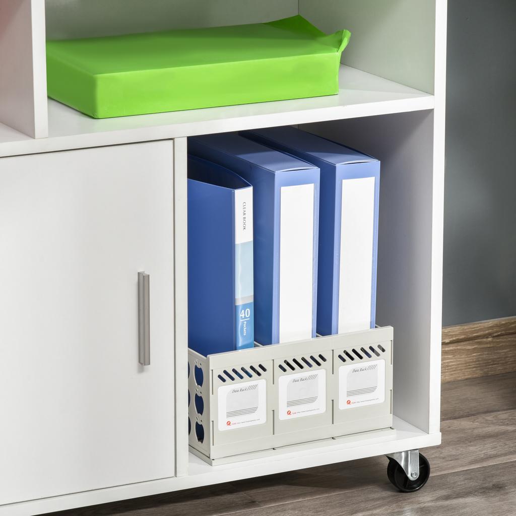 Mobiel archiefkast voor thuiskantoor, Zijwaarts archiefkast, Printerstandaard met open vakken, Afsluitbare lade, 100cm x 35cm x 65cm, Wit