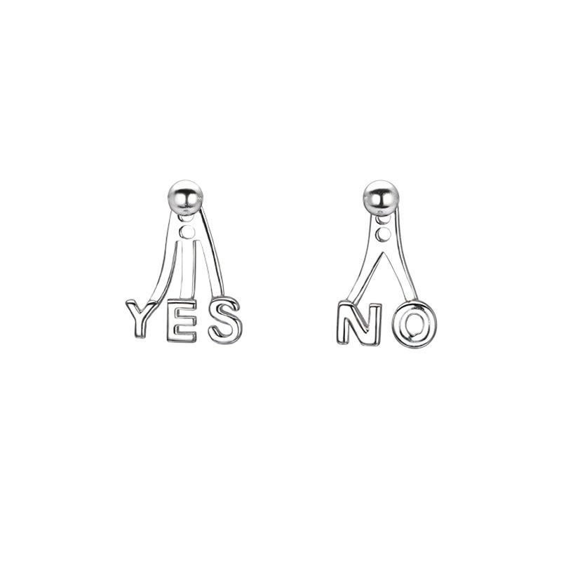 

S925 посеребренные серьги ДА, НЕТ асимметричные серьги женские простые корейские летние модные серьги с английской буквой имитация серебряной иглы