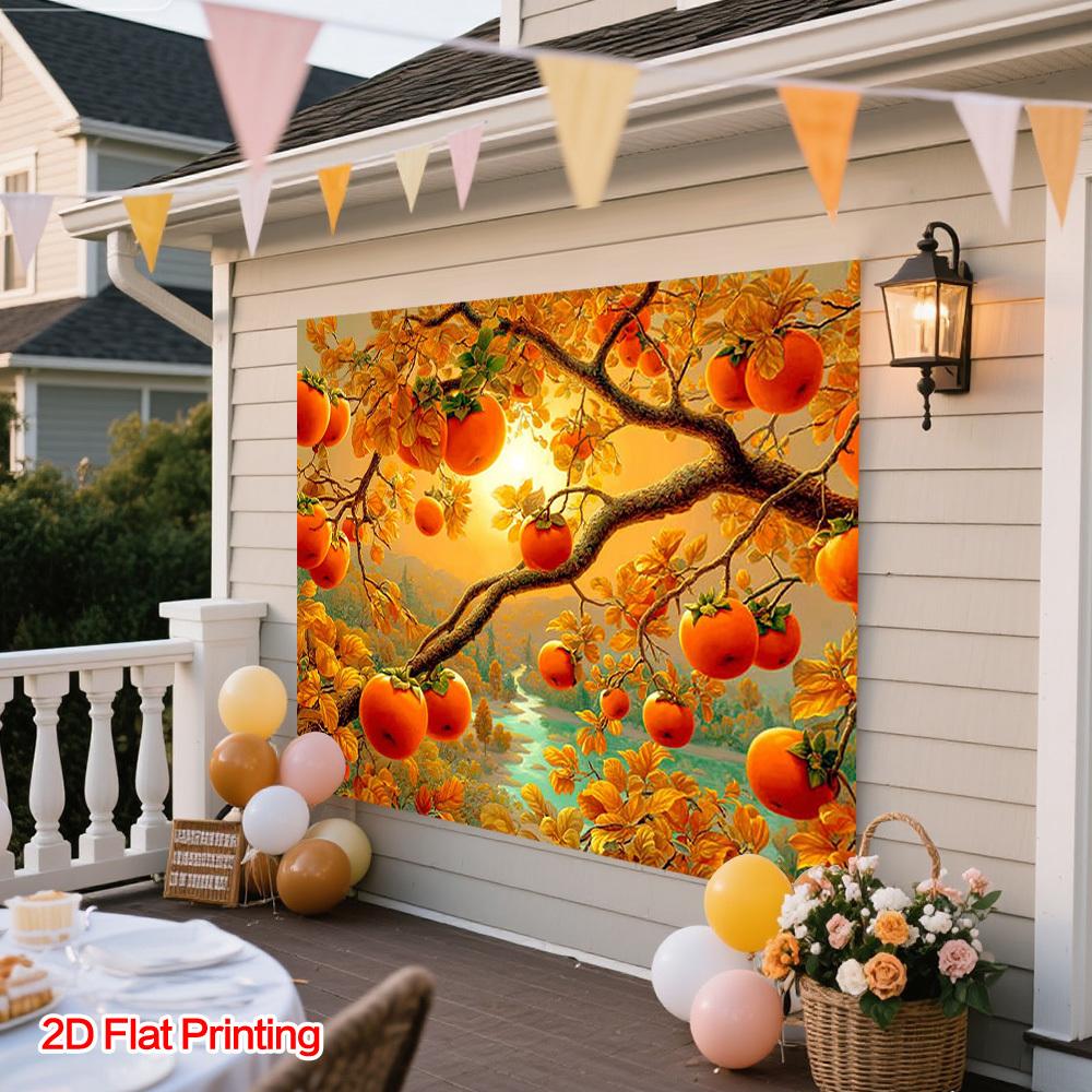 1 Piece of 2D Flat Persimmon Tree and Autumn Leaves Background Fabric Made of Polyester Suitable for Home Garden and Studio.