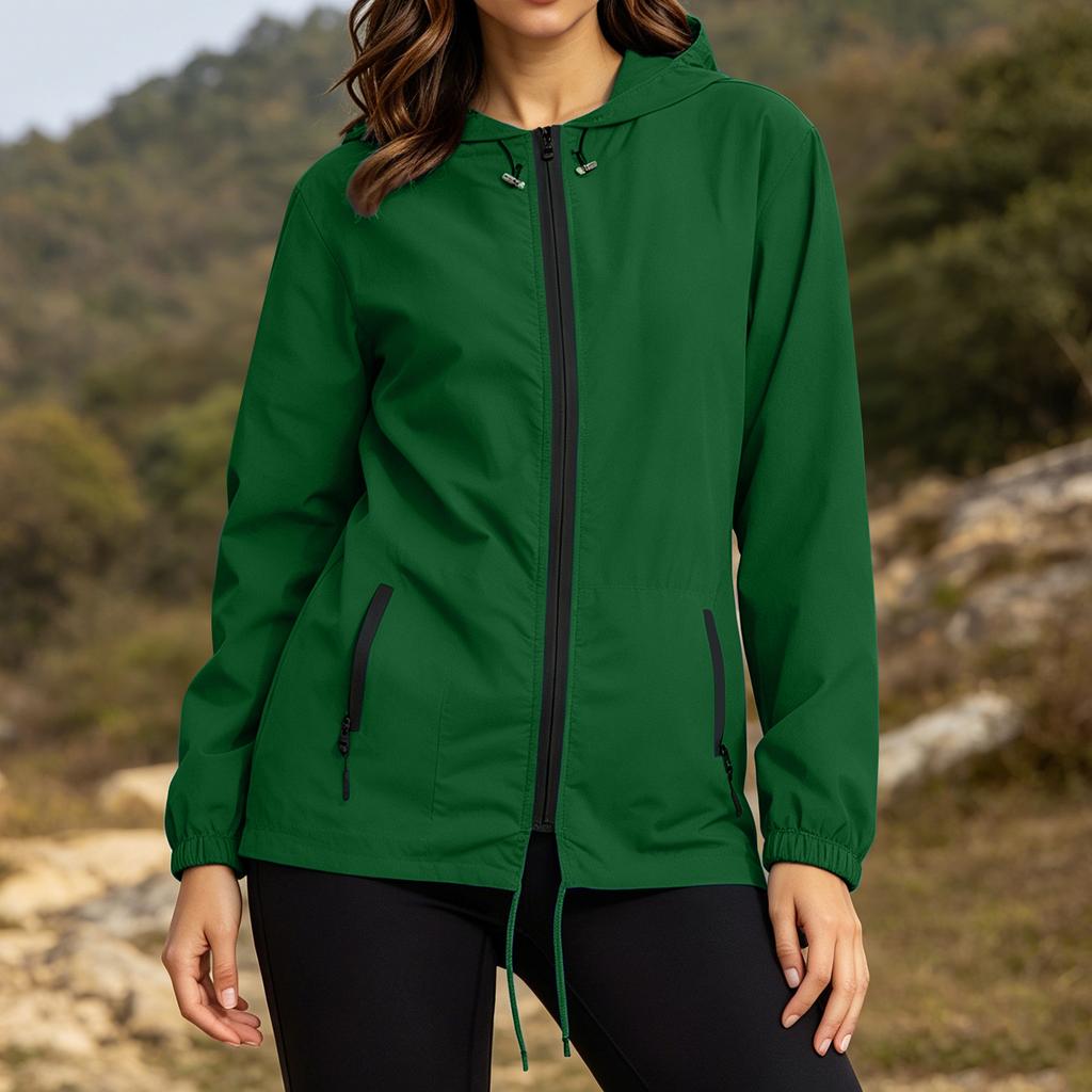 Women Plus Size Lightweight Zip Up Hooded Jacket Long Sleeve Packable Windbreaker with Storage Pouch for Outdoor Travel Hiking Running