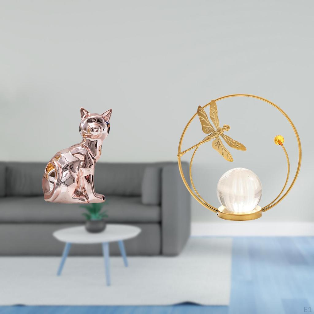 Elegant Feline Crystal Sphere Metal Animal Sculpture Figurine Ornament for Fireplace Hallway Bedroom