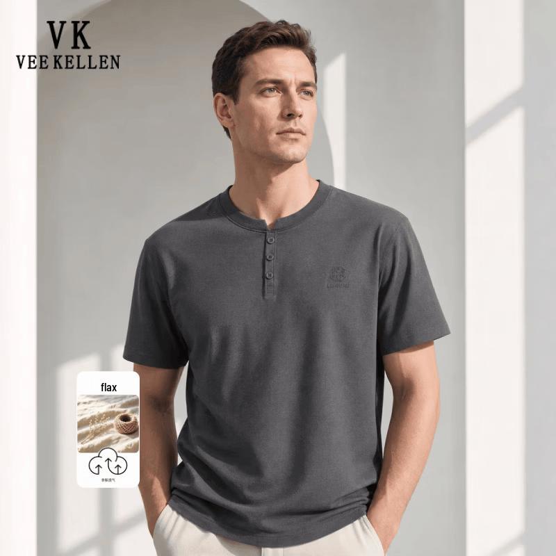 VEE KELLEN Men's Linen Blend Breathable Short Sleeve T-Shirt