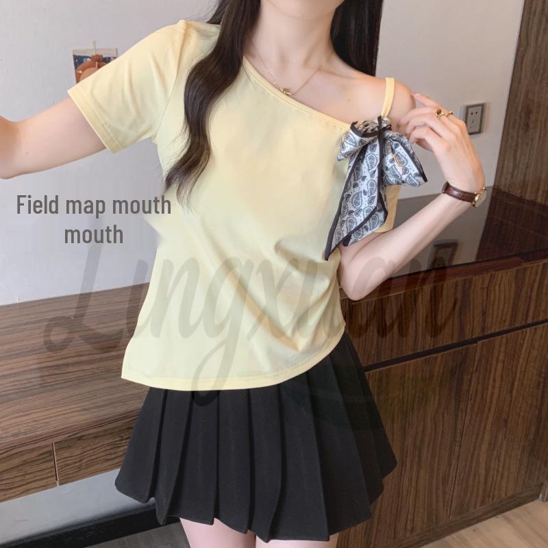 2026 Summer Plus Size Women s Off-Shoulder Bow T-Shirt 2XL