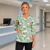 Women's Floral Print V-Neck Scrub Top with Pockets and Side Slits Three-Quarter Sleeve