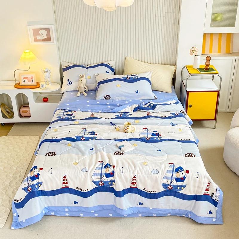Cartoon Animals Pattern Summer Quilt 100% Cotton Air Conditioning Quilted Quilt Skin-friendly Breathable for Kids Boys Girls