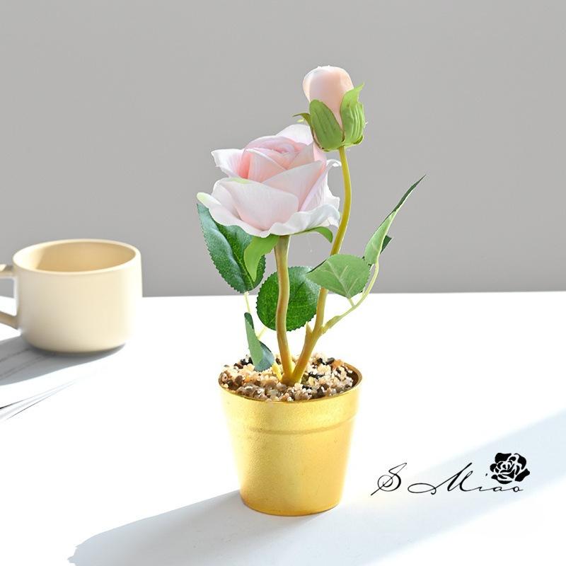

2 pots Fake flowers, two end rose bonsai decoration, velvet cloth, photography props, artificial flowers, green plants, wedding flower decorations