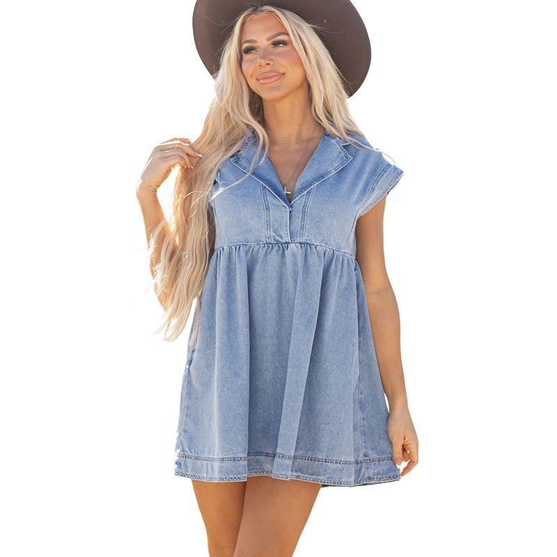 

American Shiying V Neck Short Sleeve Denim Dress Women 2025 Summer New Arrival Loose Pleating A- line Short Skirt Women Blue XL code fits (70.00 kg-75.00 kg