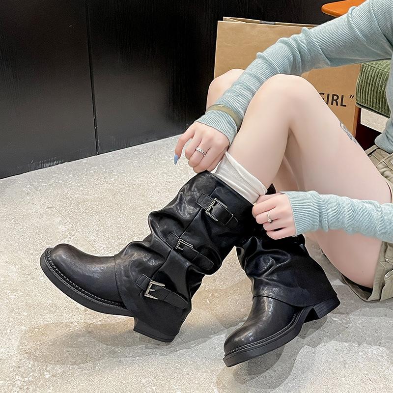 Thick-soled belt buckle pleated medium boots women's 2025 autumn and summer new western cowboy short boots Martin boots pant tube boots