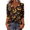 Damen Halloween Print V-Ausschnitt 3/4 Ärmel Lässiges Oberteil Leichter Weicher Stoff Lockere Passform Pulloverhemd für Saisonale Kleidung