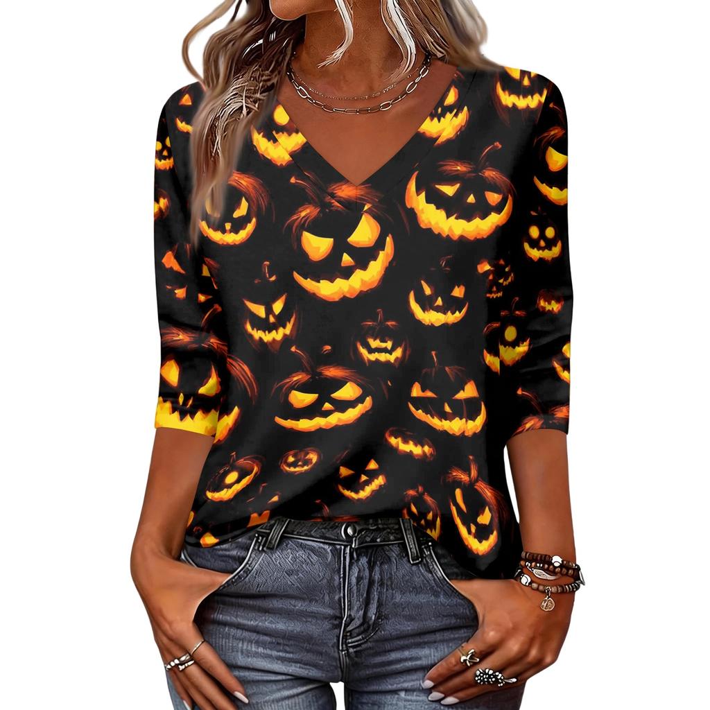 Damen Halloween Print V-Ausschnitt 3/4 Ärmel Lässiges Oberteil Leichter Weicher Stoff Lockere Passform Pulloverhemd für Saisonale Kleidung