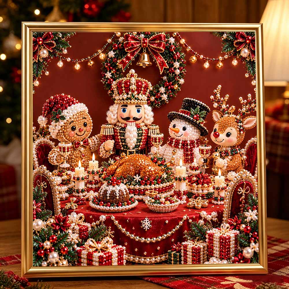 DIY Framed Pearl Painting Kit with Christmas Dinner Nutcracker Snowman Reindeer 5D Sparkling Bead Art Canvas Ready to Display Home Decor Gift Idea