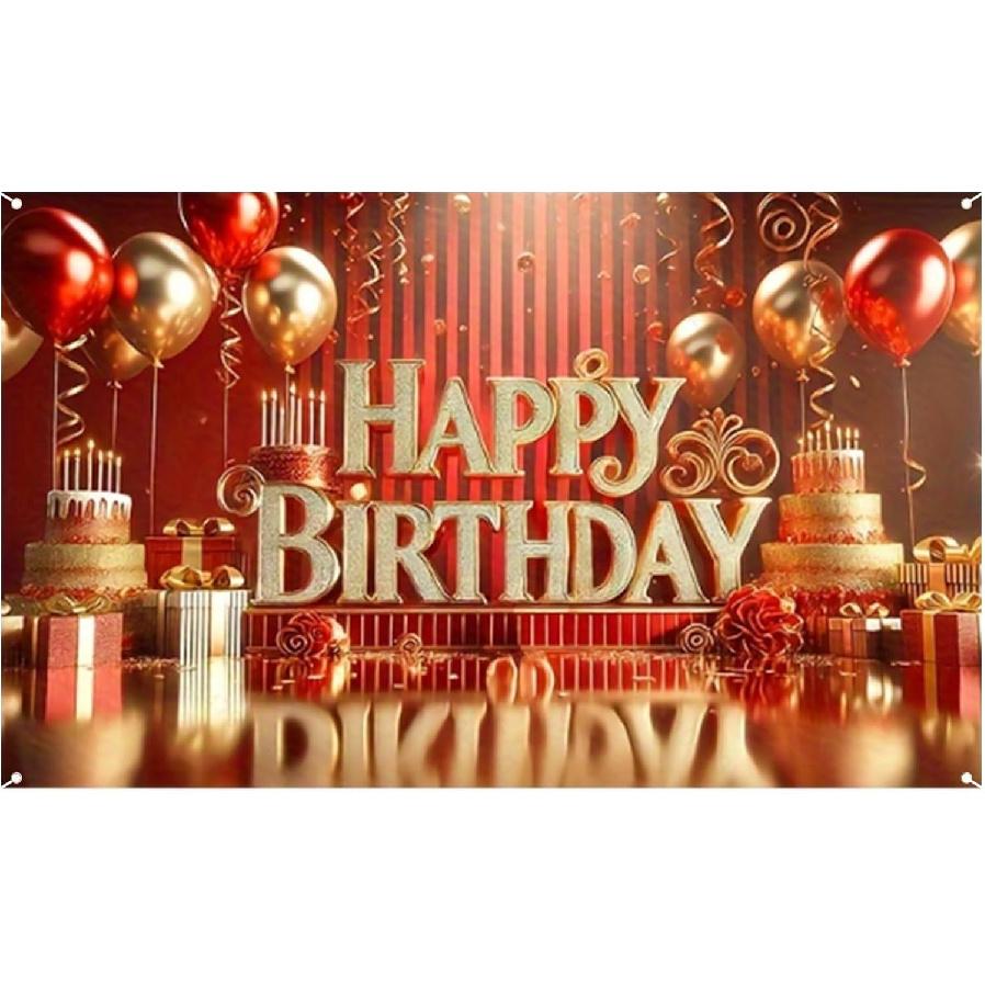 Nuxovilar Happy Birthday Banner Blue Gold Balloons String Lights Polyester Backdrop 43x70.86 Inches - Large Party Birthday Decorations for Photo