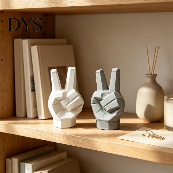 Victory Gesture Figurine 3D Printed Hand Sculpture, Modern Resin Statue for Home Office Geometric Art Desk Decor, Creative Finger Ornament Shelf