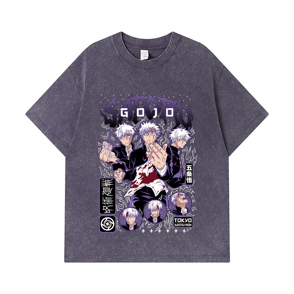 275 GSM Washed T-shirts 100% Cotton Jujutsu Kaisen V24 Gojo Print Unisex Heavy Cotton T Shirt